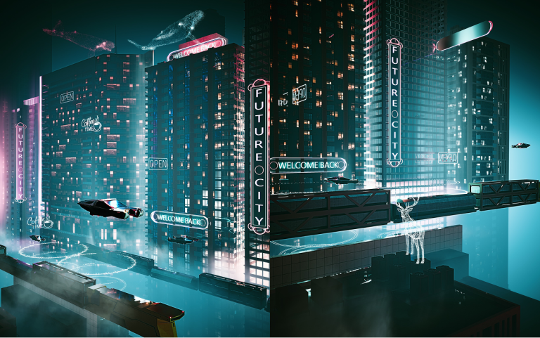 Ciudad ciberpunk en tiempo real en D5 Render con niebla volumétrica y neón