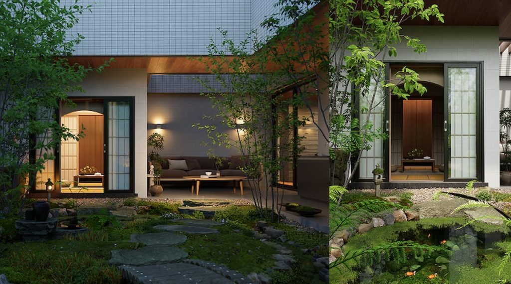 D5 Renderによる日本庭園のデザイン。リアルタイムの照明効果と動く植物を再現