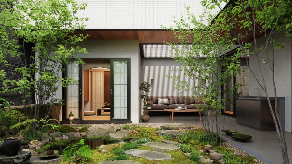 D5 Renderによる日本庭園のデザイン。リアルタイムの照明効果と動く植物を再現