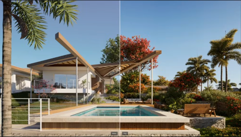 .D5 RenderでのAI 3Dポストプロセッシング、ワンクリックで近代的な建物を強化