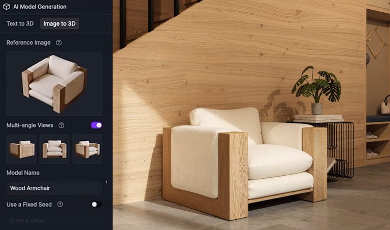 TN3D Studio diseñó este sillón de madera de aspecto realista a través de Nano Banana y D5 Render y lo integró a la perfección en la escena interior