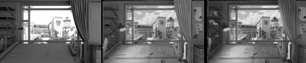 Vista de la geometría del modelo – Renderizado sin procesar – Renderizado final en D5 Render | © Dominik Los