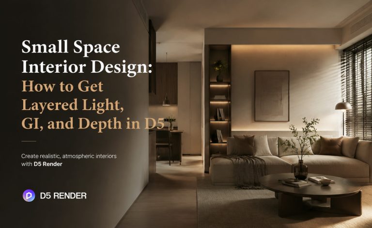 Salon de petite taille en D5 Render avec lumière nuancée, éclairage global (GI) et profondeur spatiale