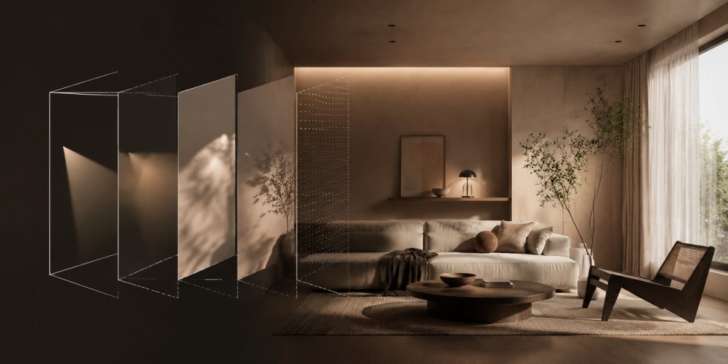 Intérieur de petit espace en D5 Render : lumière en couches et profondeur GI révélées en coupe</s>