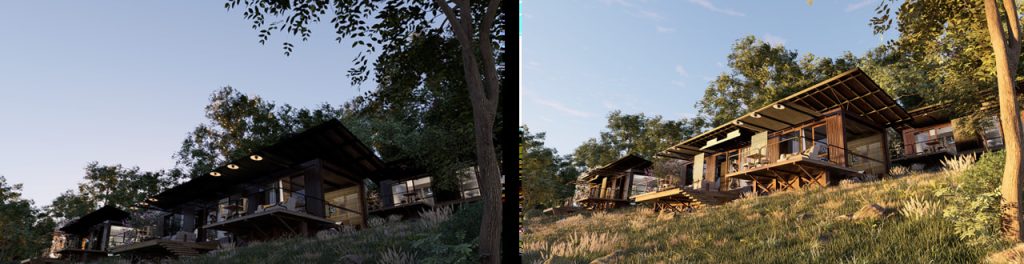 Ciel géographique D5 Render : par défaut (à gauche) vs. atmosphère ajustée (à droite)