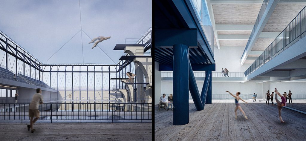 Renderizado arquitectónico dinámico de una piscina y un centro deportivo | © Sidney Eros Aguirre Vásquez