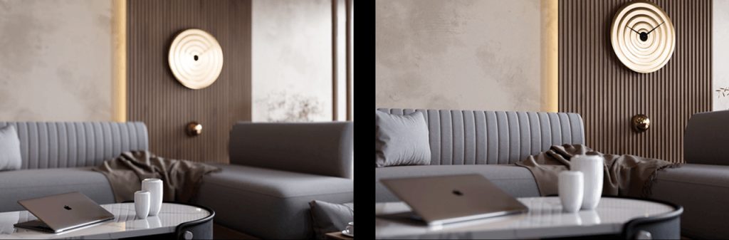 PDC D5 Render désactivé à gauche vs activé à droite : ajoutez de la profondeur et de la mise au point dans un intérieur de petit espace