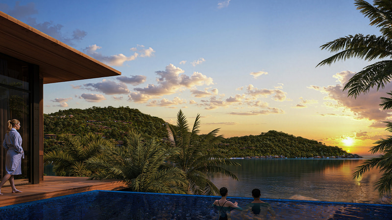 Rendu d'un grand complexe touristique tropical au coucher du soleil, réalisé par Chapman Taylor à l'aide de D5 Render