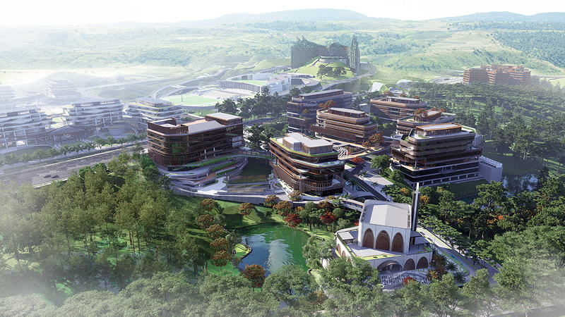 Rendu aérien du plan d'ensemble réalisé par Penta Architecture à l'aide du flux de travail D5 Render