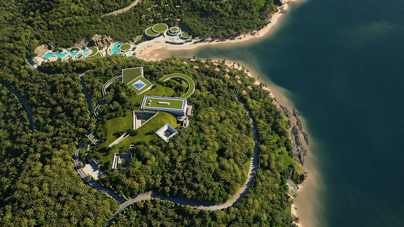 Tidal Coast House aerial view of a coastal forest site in D5 Render