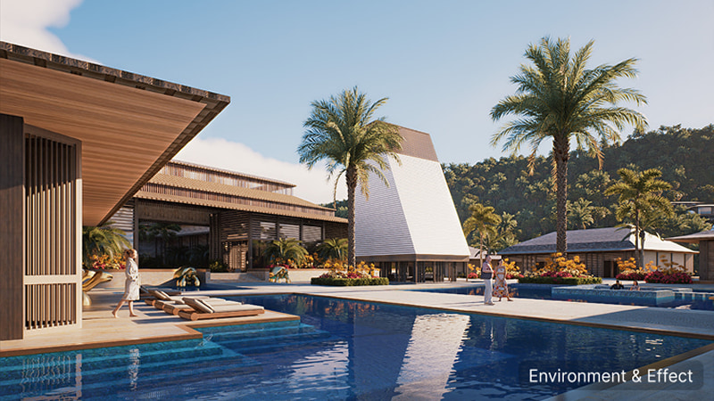 Extérieur du complexe touristique Chapman Taylor mettant en valeur les effets environnementaux dans D5 Render