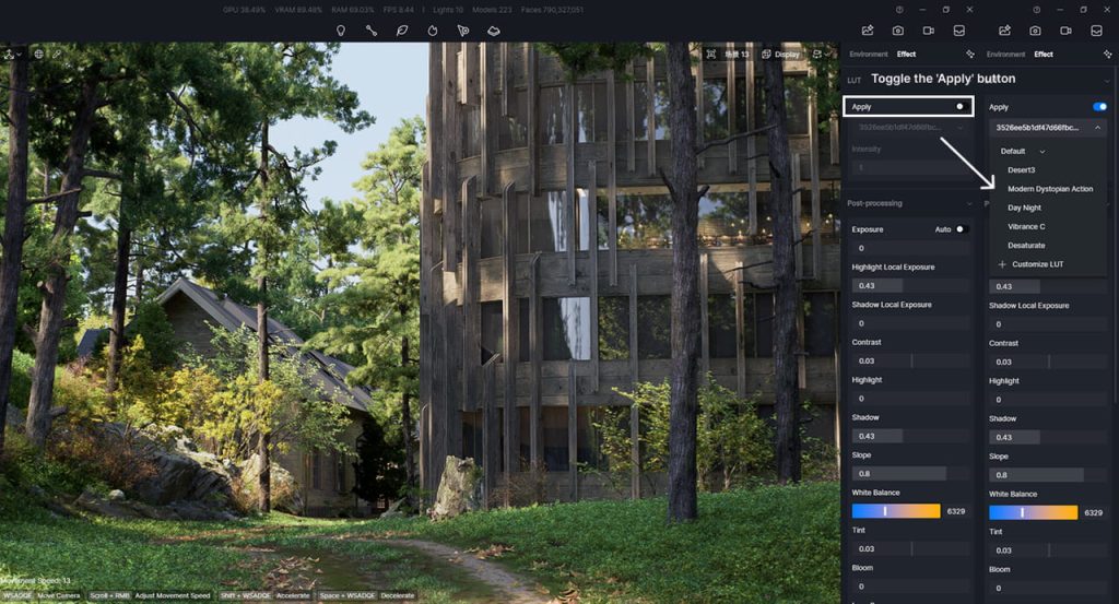Activating the post-processing LUT menu in D5 Render for architectural color grading