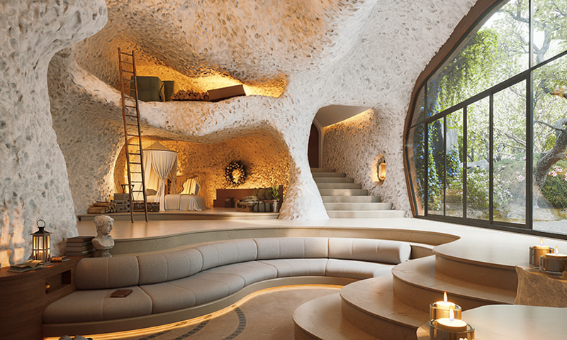 Cave Hotel lounge wide view: organic curves and cove lighting in D5 Render
