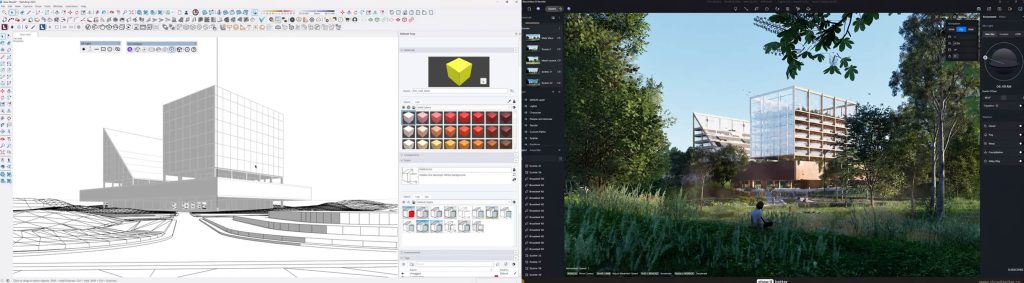 D5's built-in AI workflow from SketchUp massing to a forest exterior render | ©Steven, Show It Better