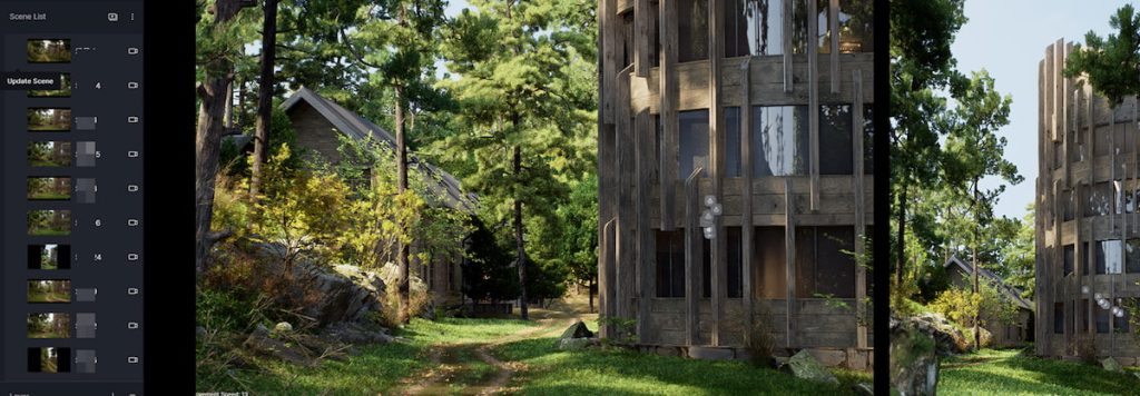 D5 Scene Express scene list featuring multiple camera views for the Forest Cabin ArchViz project