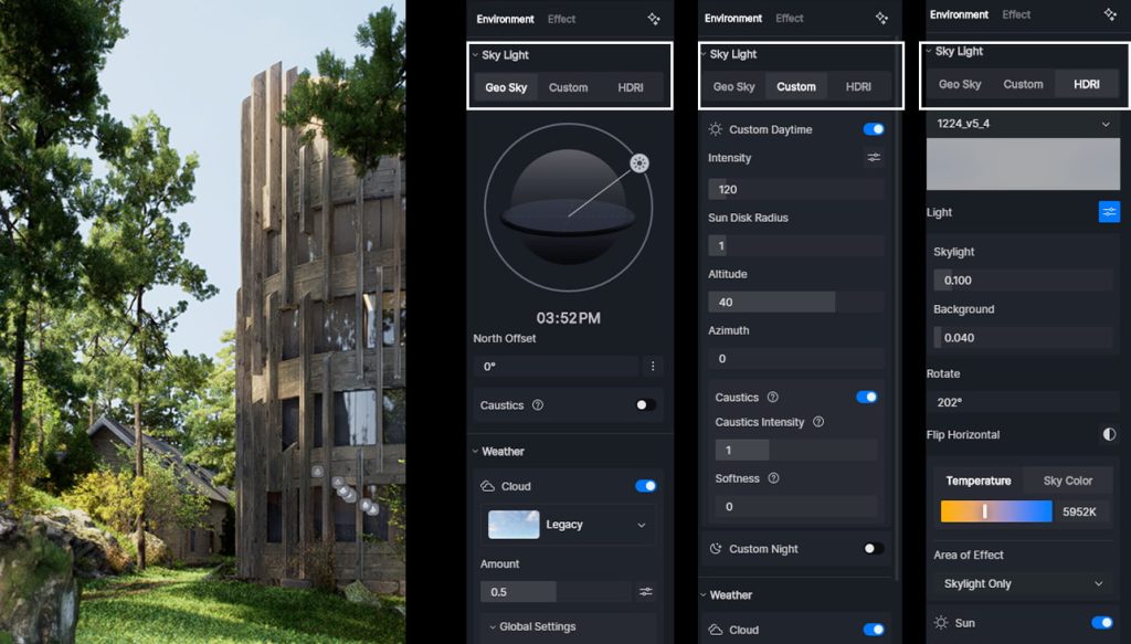 Comparing Geo Sky, Custom, and HDRI lighting setups in the D5 Render Environment