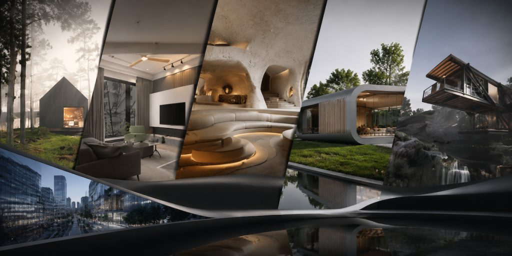 Diverse collection of D5 Scene Express render templates showcasing interior and exterior architectural visualization projects