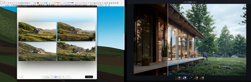 Izquierda: Generación de imágenes con IA D5 Lite | Derecha: Efectos de posprocesamiento con IA integrados en D5 Render