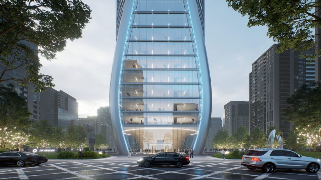 Transparent tower facade close-up in D5 Render showing light transmission effects