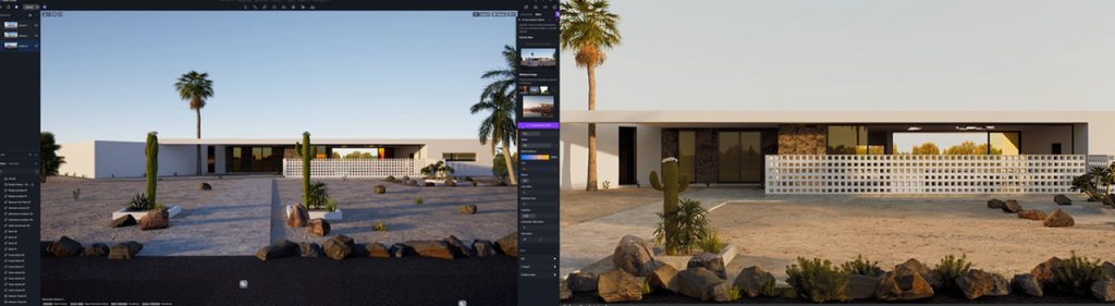 D5 Render's AI Atmosphere Match turns a cool desert scene into a golden-hour look | ©Surviving Architecture