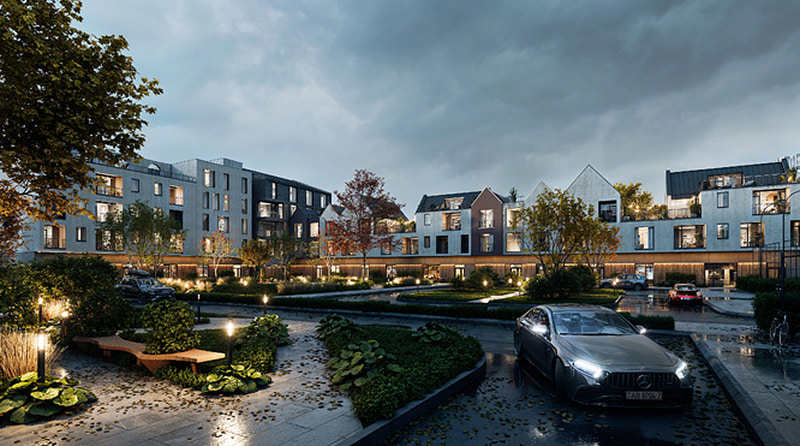 Overcast courtyard wide shot with wet asphalt reflections in D5 Render