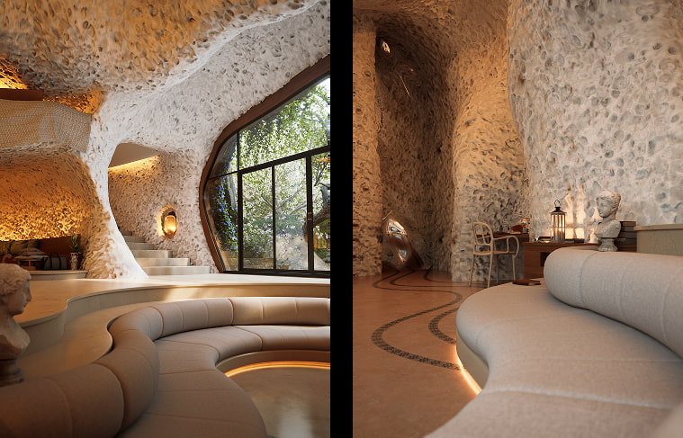 Cave Hotel displacement plaster wall detail with soft accent lighting in D5 Render