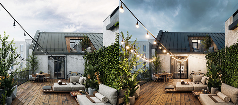 Courtyard terrace bathed in string lights at twilight—D5 Render residential ArchViz scene