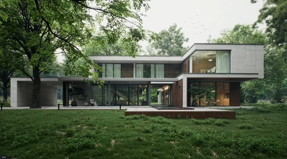 Modern Woodland Villa exterior bathed in dappled forest light—D5 Scene Express example