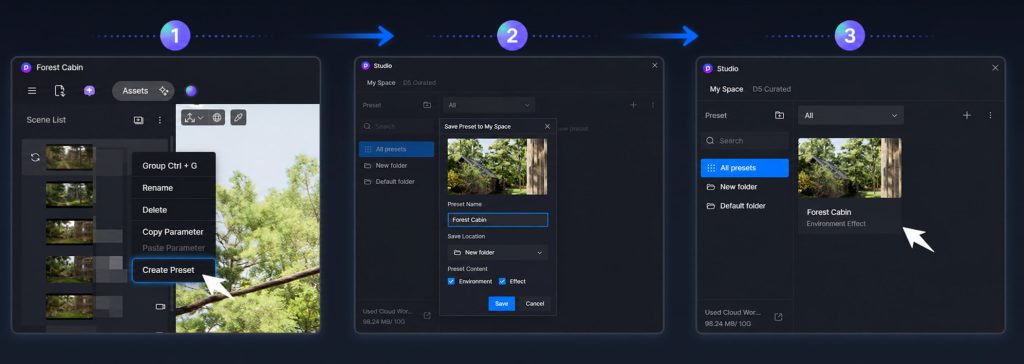 Save D5 Scene Express Render Templates Environment and Effects as a D5 Studio preset in three steps