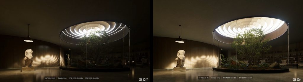 Intérieur de petit espace D5 : comparaison GI D5 activée/désactivée montrant la lumière indirecte et la profondeur</s>