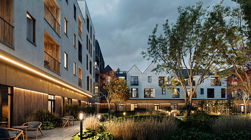 Residential courtyard with linear LED facade lighting under overcast sky