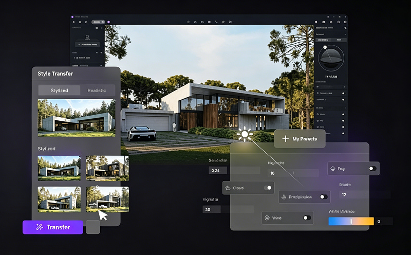 Application d'effets visuels stylisés à des rendus architecturaux d'extérieur à l'aide de l'outil de transfert de style D5 Render AI