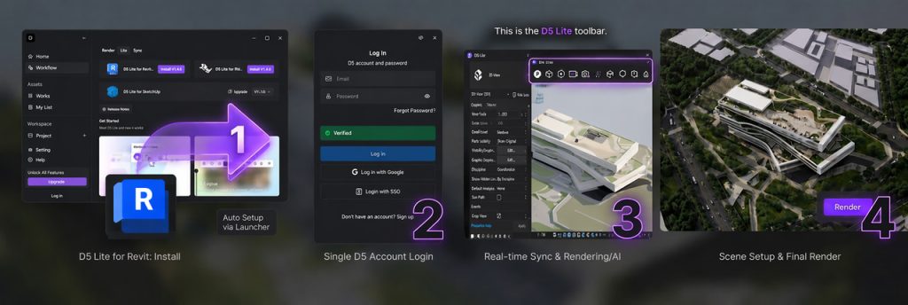 D5 Lite RevitリアルタイムレンダリングプラグインのD5ランチャーインストールおよびログイン画面