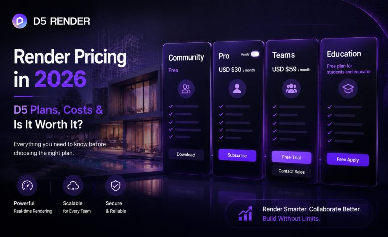 D5 Render pricing tiers for 3D visualization workflows: Community, Pro, Teams, and Education