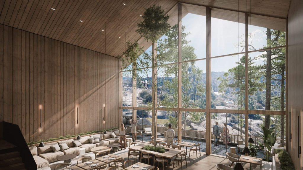 Ignacio Sottini's vaulted timber dining space with daylight and hillside views in D5 Render