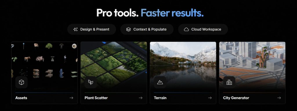 D5 Pro 2026 scene building tools: Terrain, City Generator, and over 16,000 3D assets