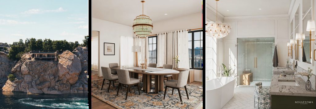 Rendered by Novaforma: cliffside house, dining room, and spa bath in D5 Render