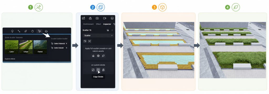 Set up Edge Divide in D5 Render to instantly keep scattered greenery off paved areas