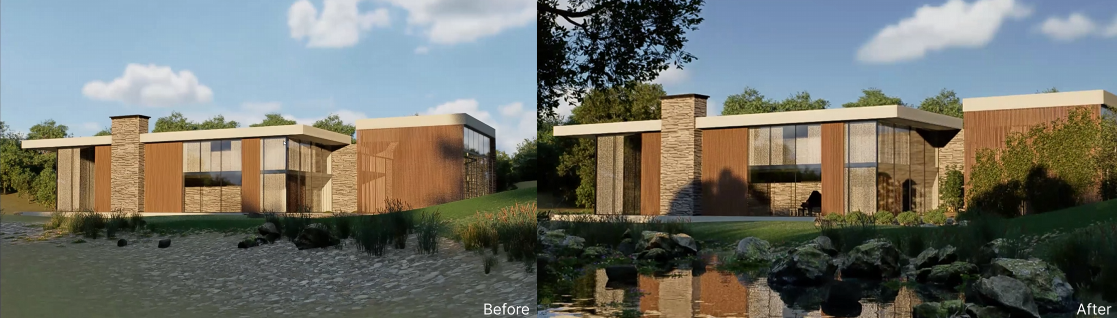 real-time exterior rendering in D5 Render with realistic materials, lighting, and layered depth