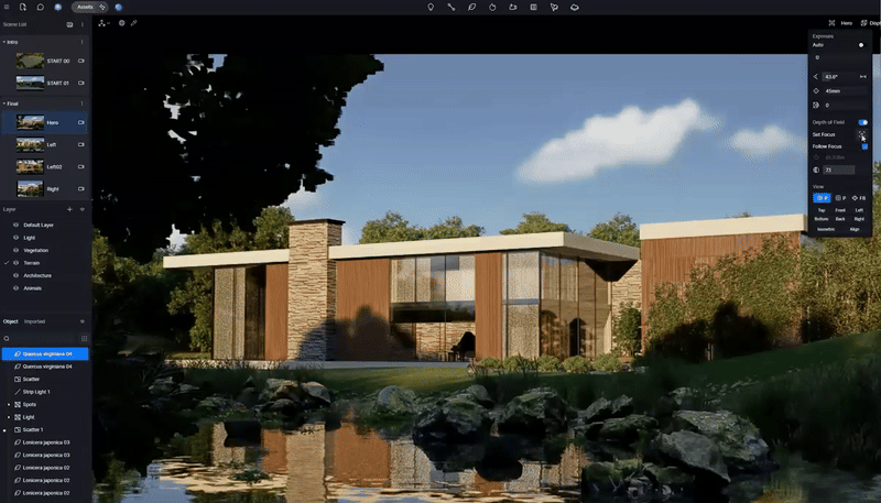 real-time exterior rendering in D5 Render with realistic materials, lighting, and layered depth