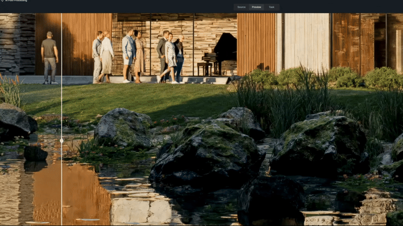 AI 3d post processing in D5 Render, enhancing a modern building with one click