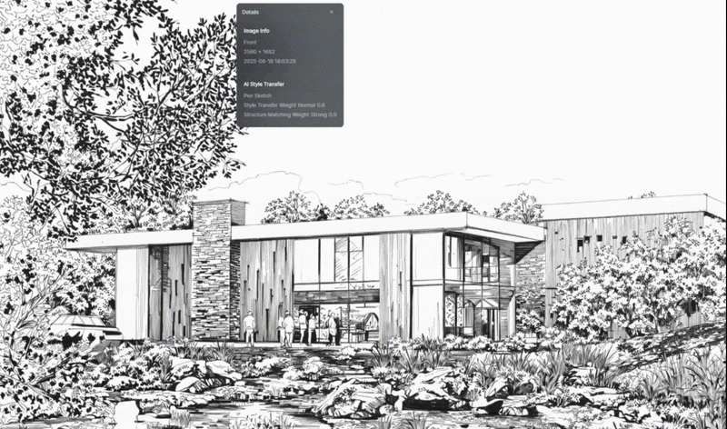 AI 3d post processing in D5 Render, enhancing a modern building with one click