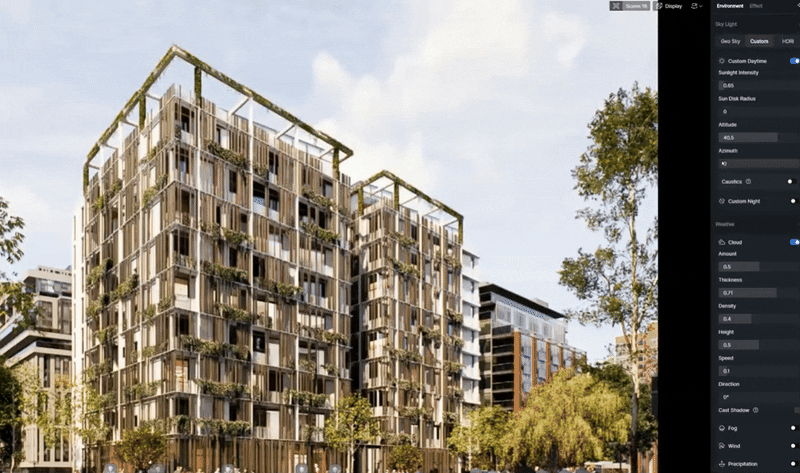 real-time exterior rendering in D5 Render with realistic materials, lighting, and layered depth